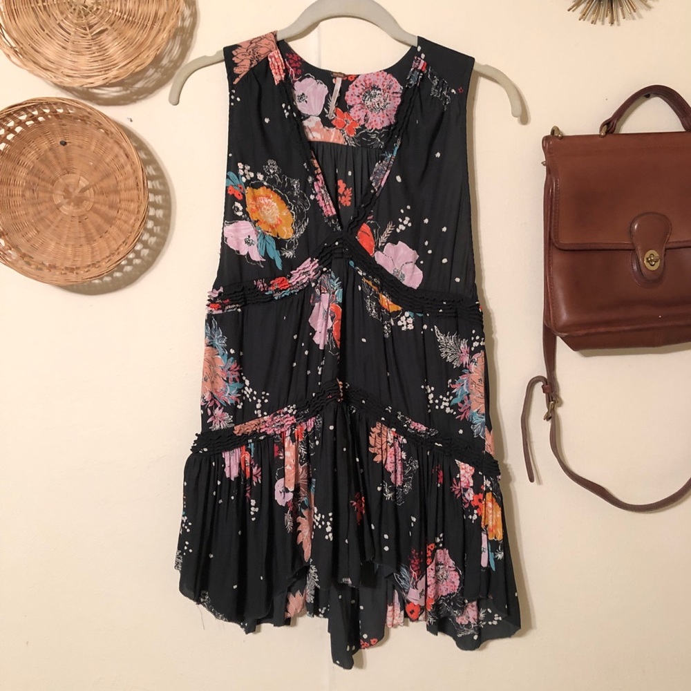 Free People Floral Black Purple Haze Peasant Tunic